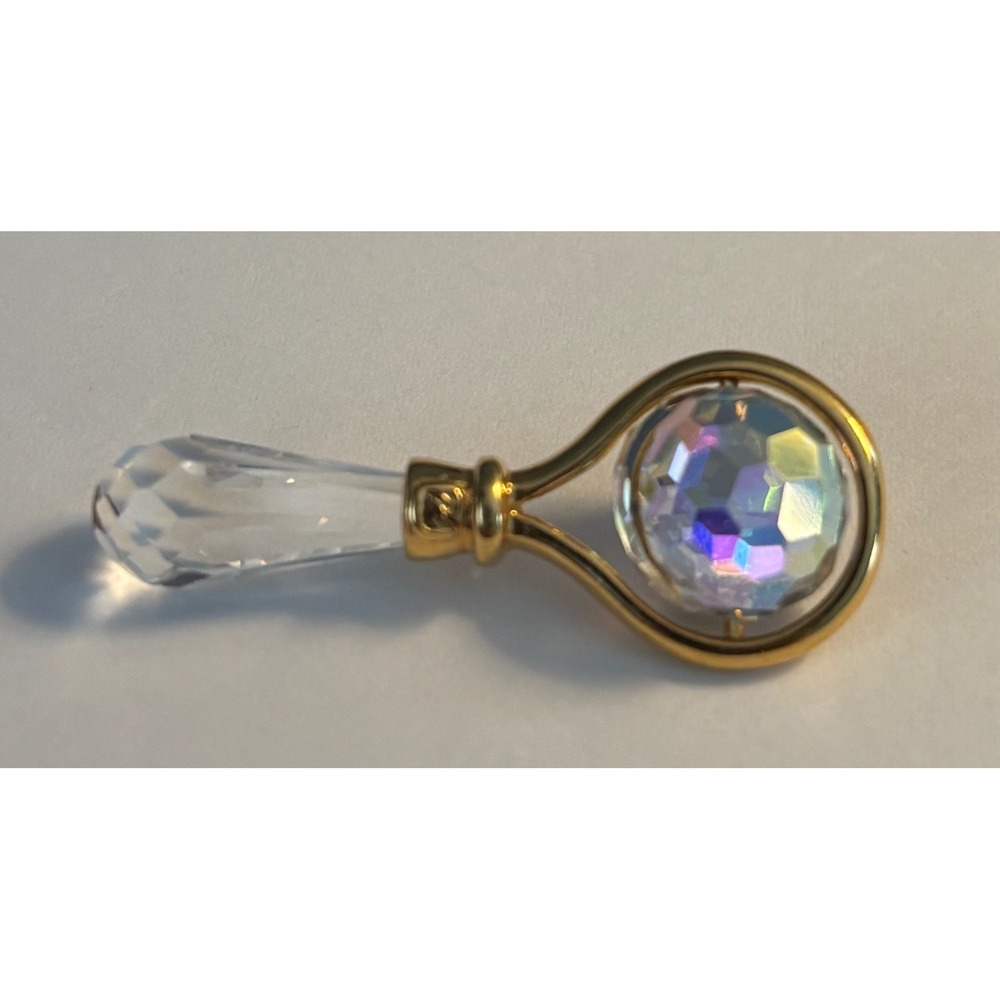 Swarovski Crystal Baby Rattle Figurine Gold Tone AB Spinning Ball Swan Logo